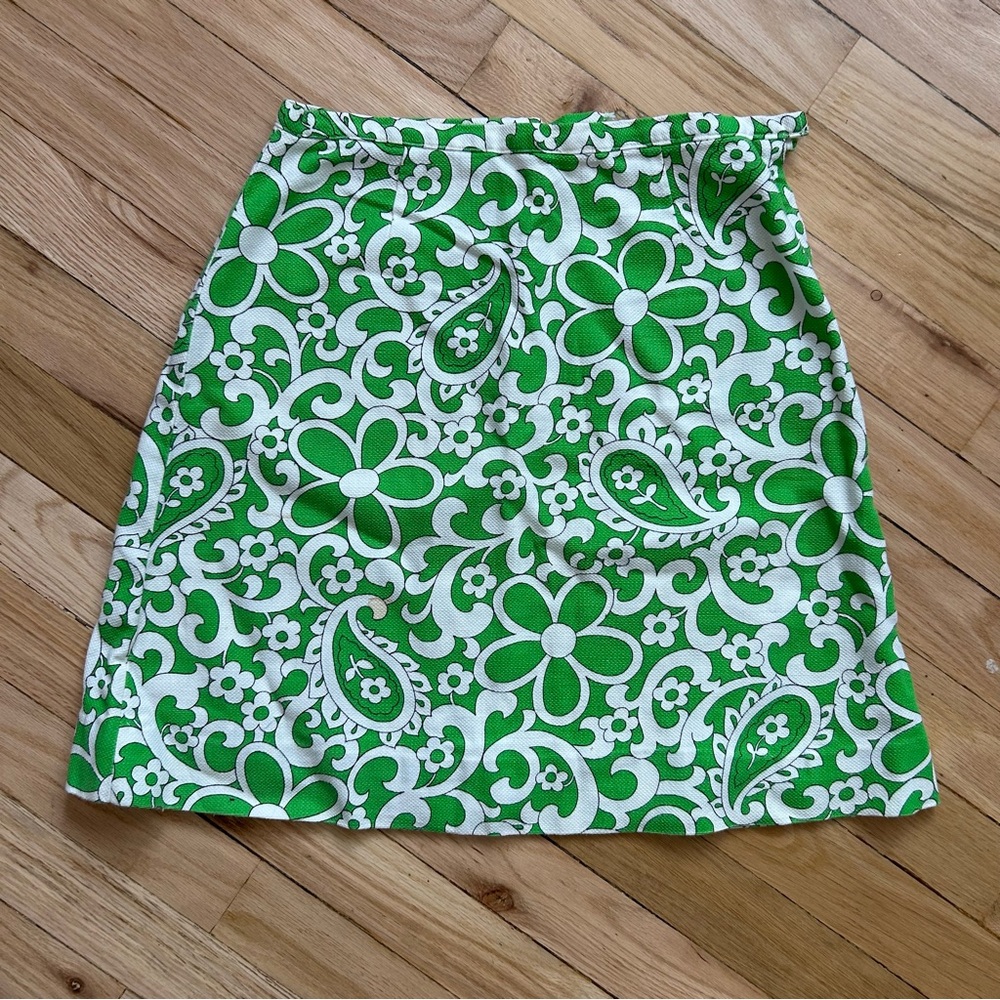 Vintage 60s Paisley Flower Power Green White GO GO SUPER Short Mini Skirt
